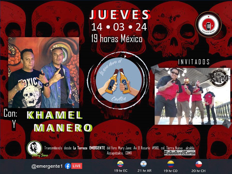 Hoy es jueves de #LoQueDureElCarton y <a href="/MiMANERO/">El Manero</a> y <a href="/emma_khamel/">Emmanuel Khamel</a> los esperamos por FACEBOOK LIVE en los perfiles de LO QUE DURE EL CARTÓN y CONECTANDO MUNDOS-EMERGENTE 7 pm México 🇲🇽 y LA CULTURA VA ADELANTE 9 pm Argentina 🇦🇷 #música #entrevistas #beer #surf
#cerveza 🎸🎶🎵✌🏼🤘🏼🍻😎