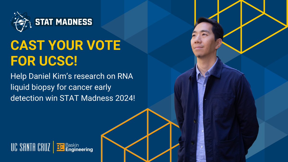 Keep voting for UCSC in #STATMadness to help name Daniel Kim's research on liquid biopsy tech for cancer detection the best biomedical research of 2024! UCSC is currently tied in the last day of the second round ... vote here to keep us in the running! statnews.com/feature/stat-m…