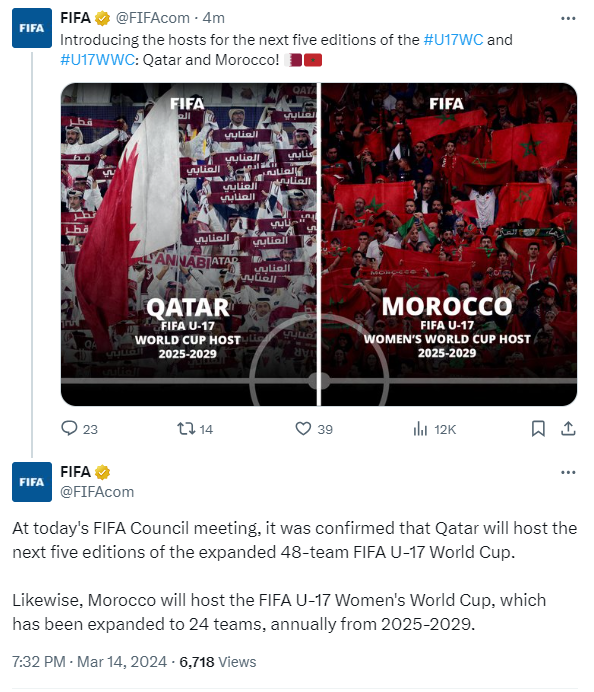 alraya_n's tweet photo. #عاجل | الفيفا يمنح دولة #قطر حق استضافة النسخ الخمس المقبلة من بطولة كأس العالم تحت 17 سنة الموسعة التي تضم 48 فريقاً من عام 2025 حتى عام 2029 
#جريدة_الراية https://t.co/fOH62dZ4Tp