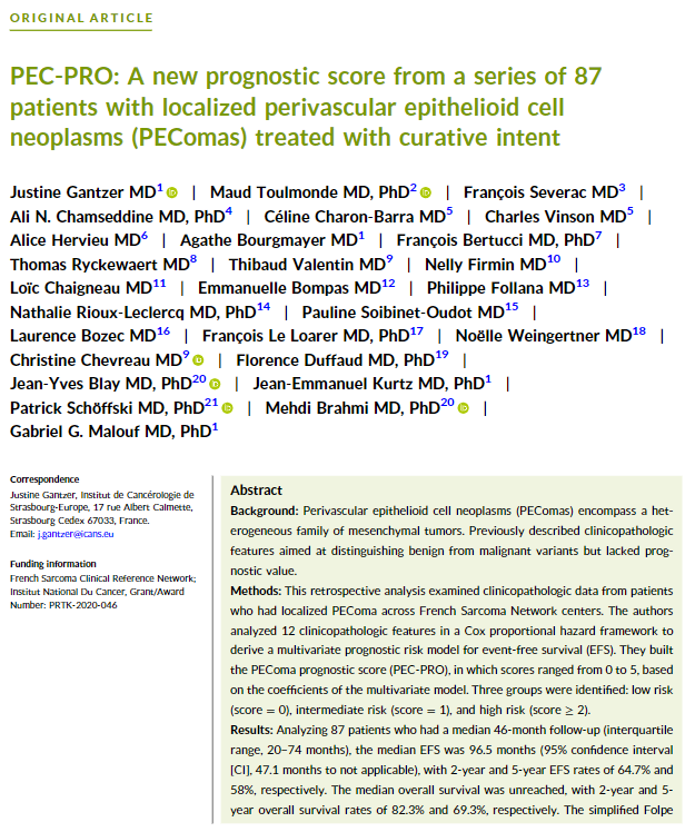 New & available #OpenAccess | PEC-PRO: A new prognostic score from a series of 87 patients with localized perivascular epithelioid cell neoplasms (PEComas) treated with curative intent acsjournals.onlinelibrary.wiley.com/doi/10.1002/cn… @OncoAlert