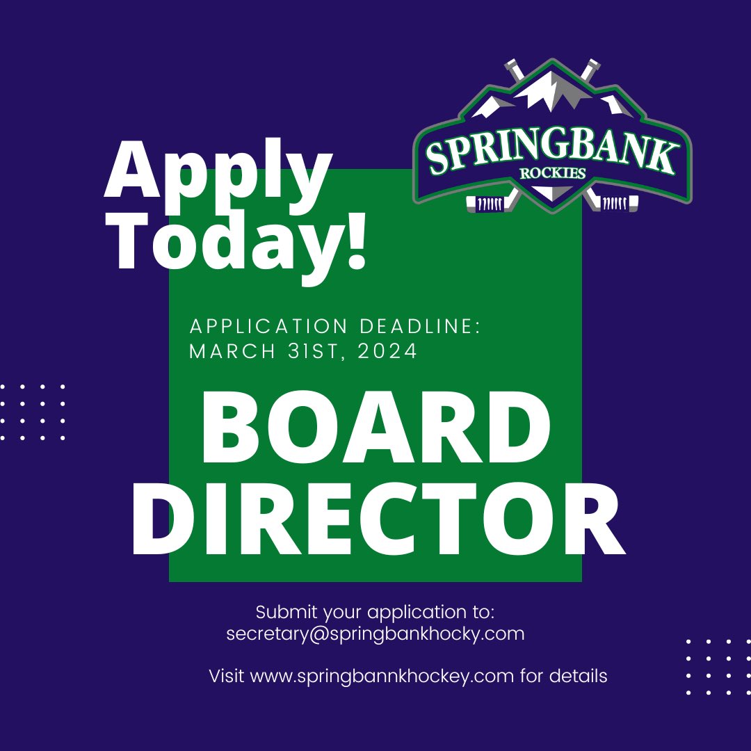 It’s that time of year… to solicit members who may be interested in serving as a director of SMHA next year. Your form must be completed and submitted by email to secretary@springbankhockey.com by no later
than 7:00 p.m. on March 31, 2024. Visit the website for application form.