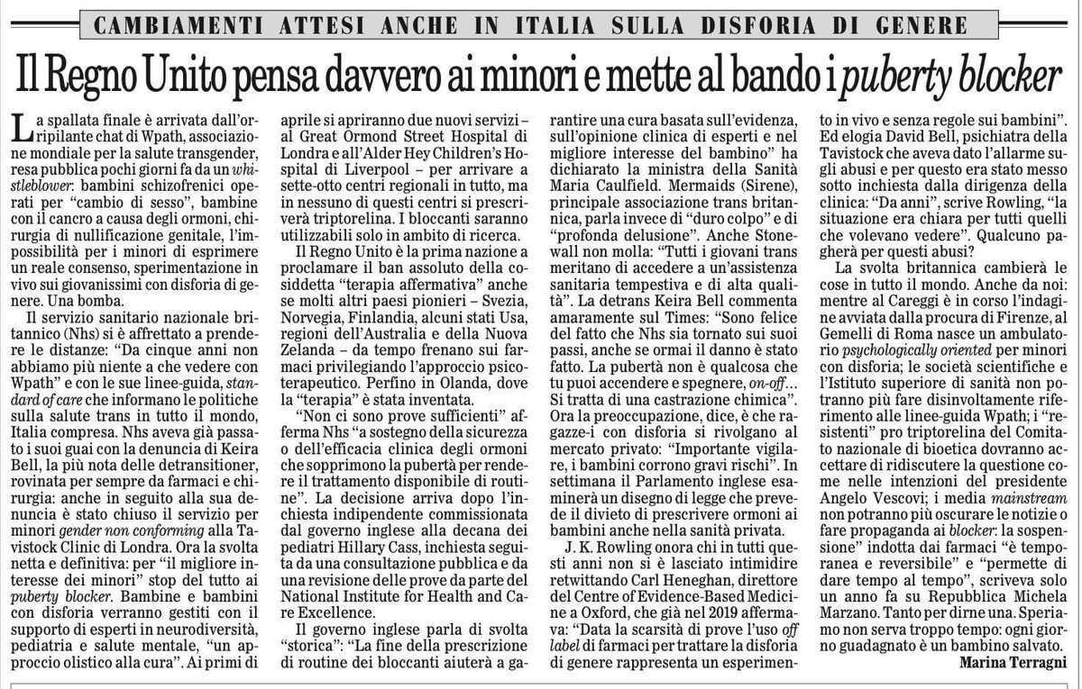 Il Regno Unito pensa davvero ai minori e mette un freno ai puberty blockers. @marinaterragni su @IlFoglio di oggi #femminismoitaliano @DeclarationOn @FiLiA_charity @SalagreNuriaEnS @Amanda_DGIR @genspect @GenerAzioneD_ @BerlinRadfem