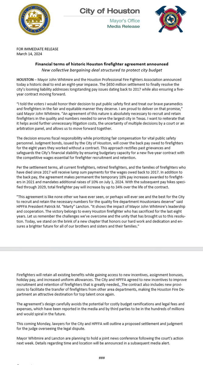 The financial terms of our historic new contract have been announced. Houston firefighters and their families will get $650M and a new five-year contract that extends to 2029. Thank you, Mayor <a href="/whitmire_john/">John Whitmire</a>, for getting this done so fast. More below.