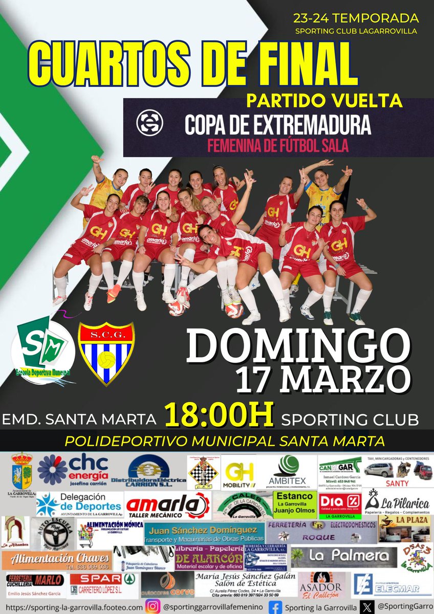 Vuelve la Copa, partido de vuelta 1/4 de final.  
Puedes seguirlo por nuestro canal de youtube:
youtube.com/channel/UCghCG… EMD Santa Marta - Sporting Garrovilla
📷 Domingo 17 marzo 2024
📷  Hora: 18:00h
📷 Lugar: Polideportivo Municipal de Santa Marta
#SomosSporting #Desde1972