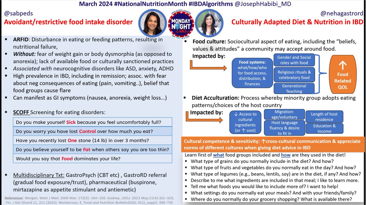 JosephHabibi_MD's tweet image. #IBDAlgorithm @MondayNightIBD
🎯#Diet Nutrition & #IBD
@DCharabaty🌟guests @GroverDheera @ifrahfatima
@sabpeds @nehagastrord @oaksandscopes
🔑Screen for eating disorders/ARFID
🔑Culturally Adapted Diet
+ #AGA CPU on diet in inactive IBD & Complications
🗳️PostConvo polls👇🏽