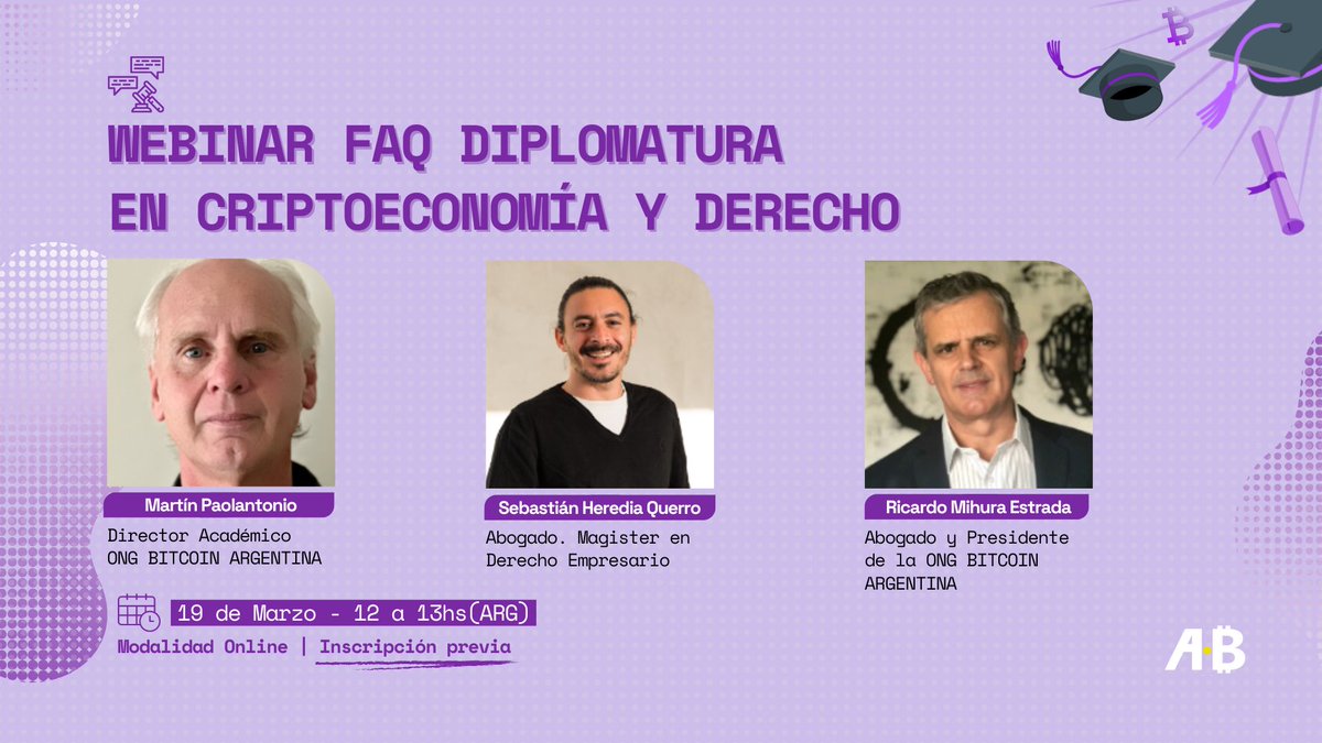 BitcoinAR's tweet image. 🚀Webinar: “Diplomatura en #Criptoeconomía y #Derecho | FAQ 2024”

Junto al Director Académico, Martin Paolantonio, y los docentes invitados, Sebastián Heredia Querro y @RikyMihura , vamos a presentar nuestra increíble propuesta académica (¡la mejor de Iberoamérica! 😉) 

También