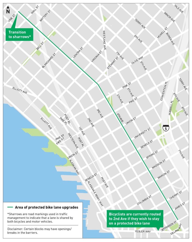 Can confirm: concrete protection is coming to the 4th Ave bike lanes through downtown and into Belltown. Sign up for updates here: seattle.gov/transportation…