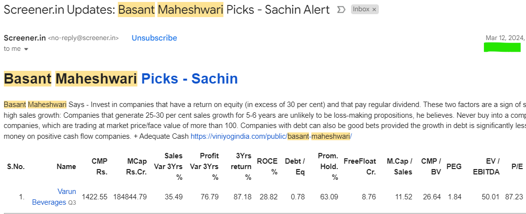 VBL (Varun Beverages) recently entered my Basant Maheshwari #screener ! Seized an opportunity to pick up during yesterday's decline! Previously, I identified Waaree Renewables at Rs 1981 using the #screener.