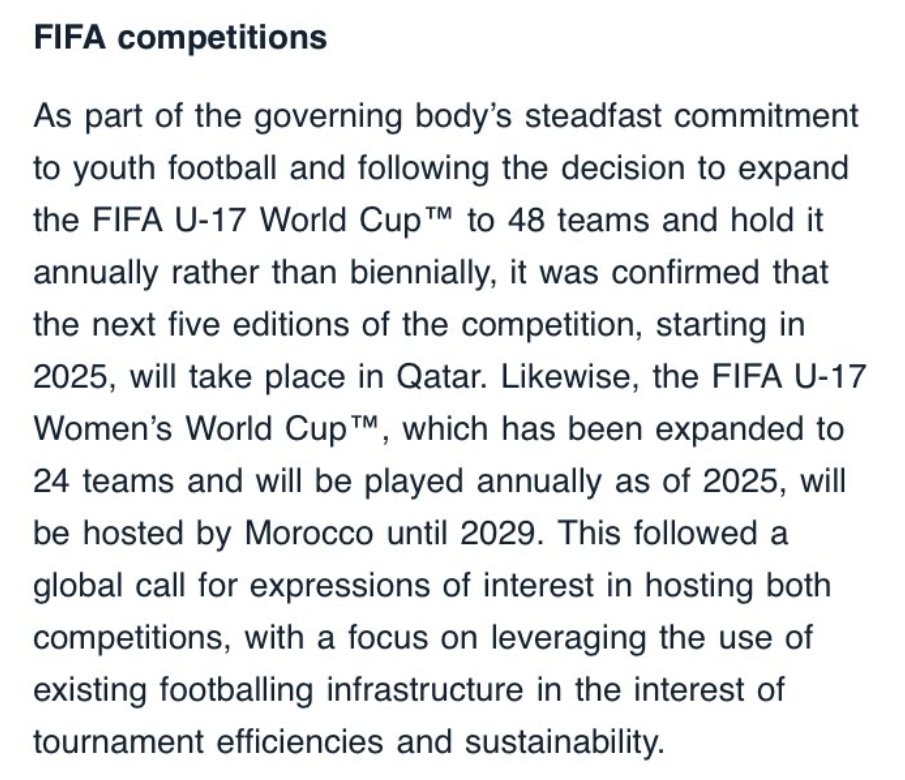 The tournaments keep on coming for Morocco, which is set to host not only next year's #Afcon but also five U17 Women's World Cups now, from 2025-29. Still no word tho on this year's Women's Afcon, which Morocco is supposed to host - but possibly not given lack of concrete news