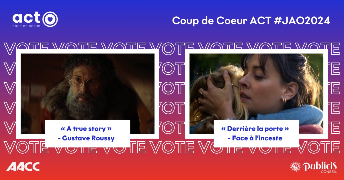 𝗖𝗢𝗨𝗣 𝗗𝗘  ​❤️​ 𝗔𝗖𝗧  #𝗝𝗔𝗢𝟮𝟬𝟮𝟰

​​​👏🏻​ Nous sommes fiers que nos campagnes « A true story » pour <a href="/GustaveRoussy/">Gustave Roussy</a> et « Derrière la porte » pour <a href="/Facealinceste/">Face à l'inceste</a> aient été sélectionnées par @ActResponsible !

Pour voter c’est par ici ​​ 🗳️​
fr.adforum.com/creative-work/…