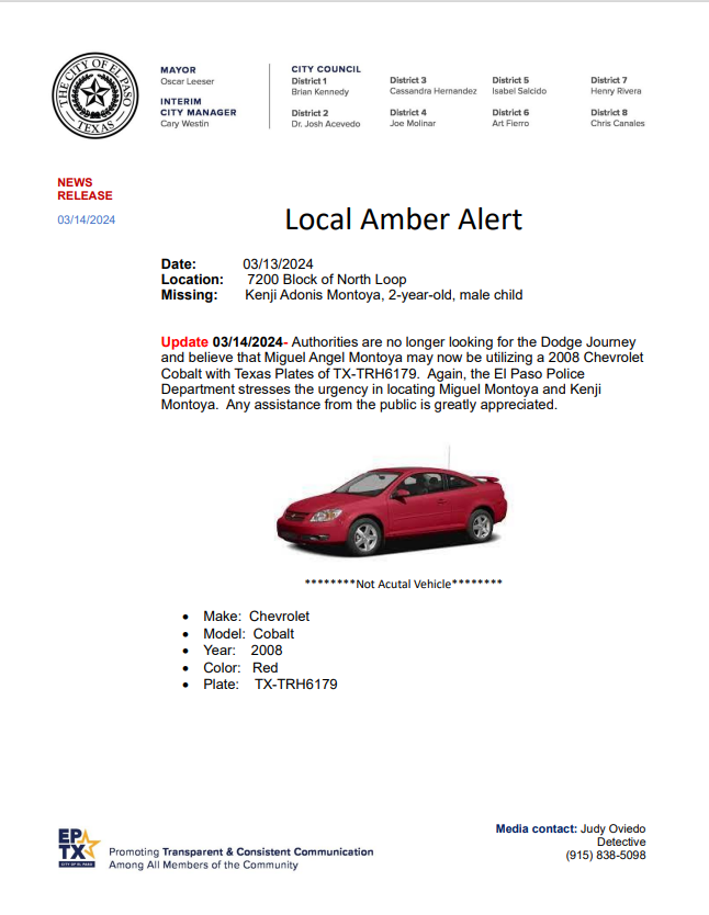 EPPOLICE's tweet photo. AMBER ALERT UPDATE: Authorities are no longer looking for the Dodge Journey and believe that Miguel Angel Montoya may now be utilizing a 2008 Chevrolet  Cobalt with Texas Plates of TX-TRH6179. 
Again, EPPD stresses the urgency in locating Miguel Montoya and Kenji Montoya. https://t.co/mVjcHV4rU0