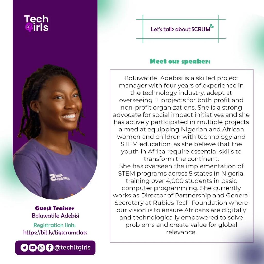 techitgirls's tweet photo. Meet our guest trainer @tife_adebisi as she takes us through the journey of SCRUM this weekend!
Have you registered? It's never too late to do so via https://t.co/nKzz092N1r
Class starts tomorrow 🤗
#scrum #womenintech #africanwomenintech
#womeninstem #techitgirls https://t.co/NaFCxM9oDa