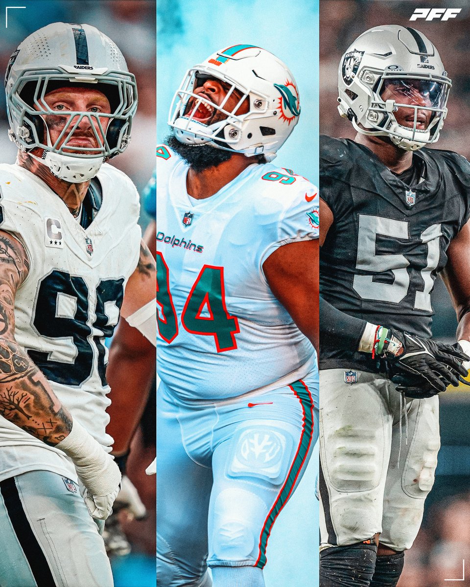 PFF_Raiders's tweet image. Maxx Crosby, Christian Wilkins and Malcolm Koonce combined in 2023:

207 QB pressures
31.5 sacks

Dominant 🏴‍☠️