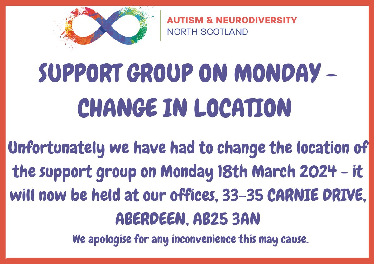 Please be advised Monday's support group will now be held at our offices at Carnie Drive, Aberdeen 

We look forward to welcoming you to our office. 

#thinkingdifferently #autismandneurodiversity