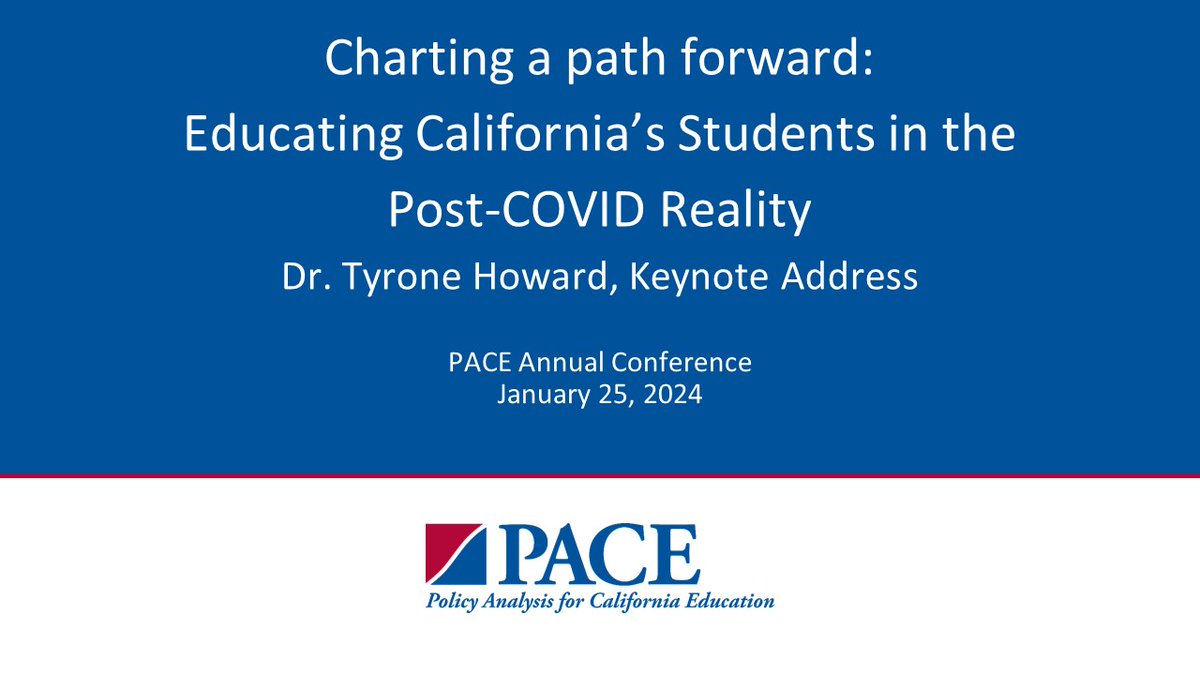 What does California need to do to educate students in the post-COVID world? Dr. @TyroneCHoward, @uclaseis Professor / @AERA_EdResearch President, charted a path forward (and beyond) in an inspiring keynote address during the PACE 2024 Annual Conference. youtube.com/watch?v=j5t4fd…