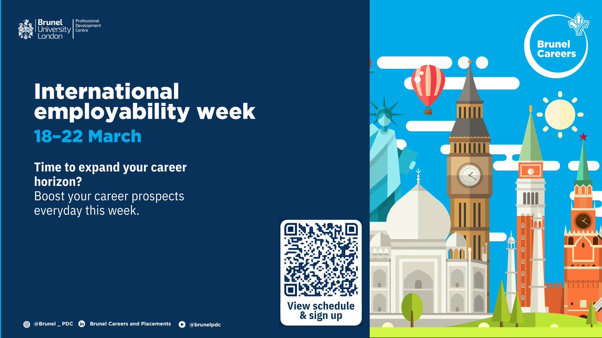 International Employability Week - If you’re an international student or graduate seeking opportunities here in the UK, or you’d like to explore career opportunities abroad, this week will have something for you. students.brunel.ac.uk/career/interna…