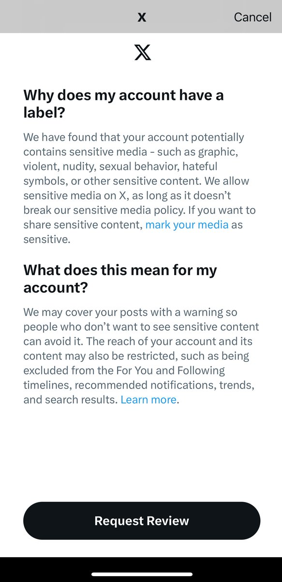 Since our initial announcement, we’ve notified and created transparency for over 21 million users when a label is applied to their account that impacts how X treats their content. Users can learn more about why their account has a label, what it means, and request review. Our