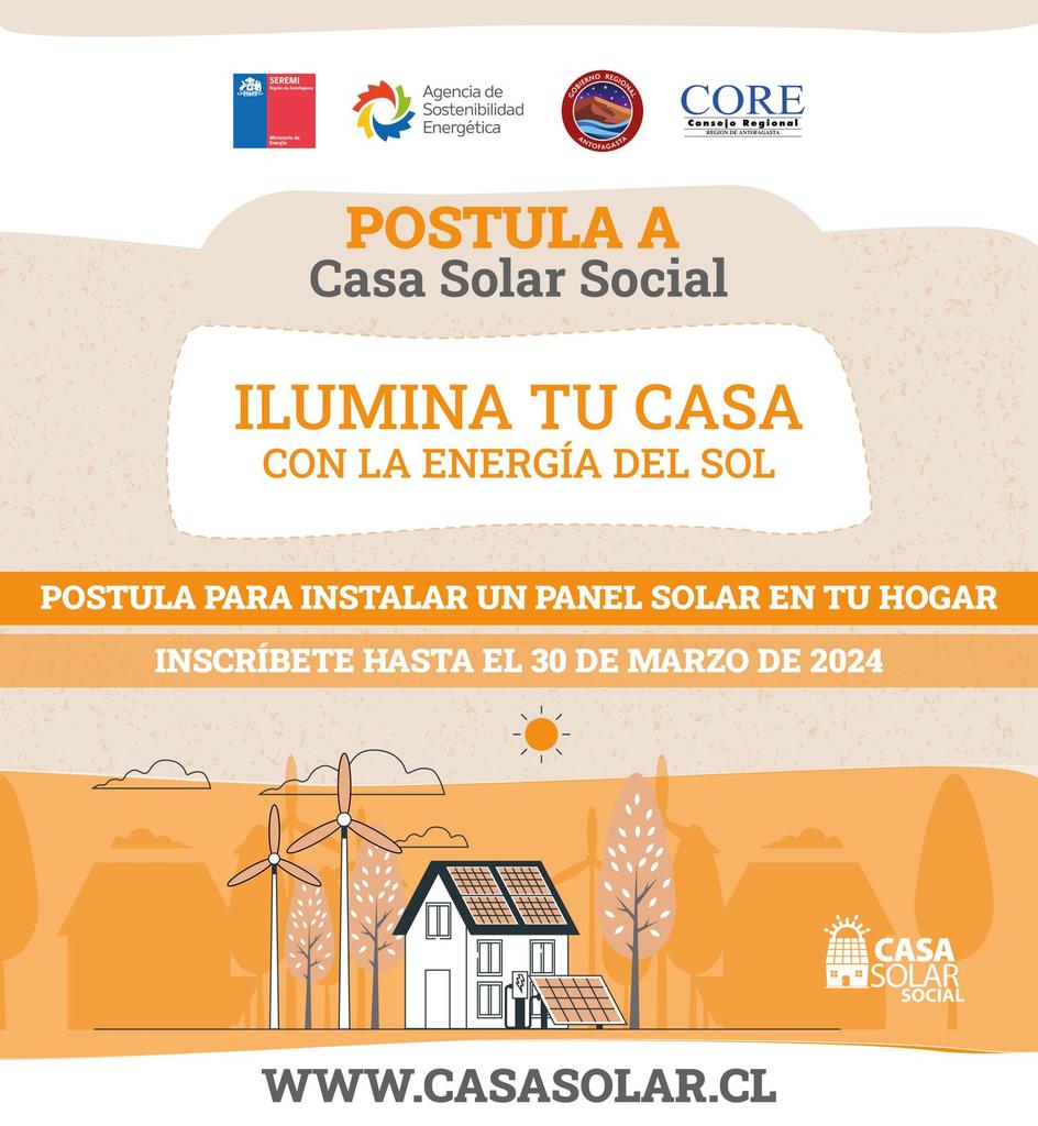 📢 ¡Atención #Tocopilla, #Mejillones, #Taltal y #SierraGorda! 🌞 

 Extendimos el plazo para postular al programa Casa Solar Social hasta el 30 de marzo. 🏠🌞

 Por esto, las y los invitamos a acceder a la ayuda que ofrecemos a través de las municipalidades y la @dpptocopilla
