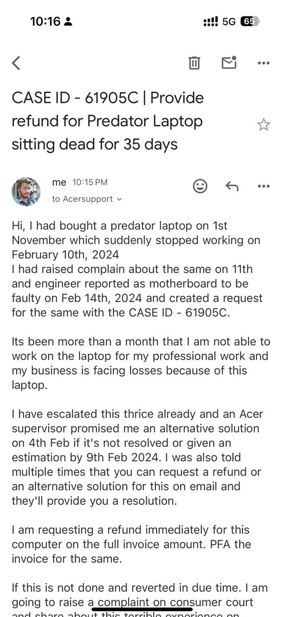 vimalsocial's tweet photo. My most recent email to ACER support from which i bought a core i9 &amp; RTX 4070 Laptop from for professional work.

Its been sitting dead from Feb 10th after just 3 months of usage &amp; horrible customer service - Still being sold for INR 1.9 L

@Acer_India @Acer #CustomerService https://t.co/8Lc52ozlsM