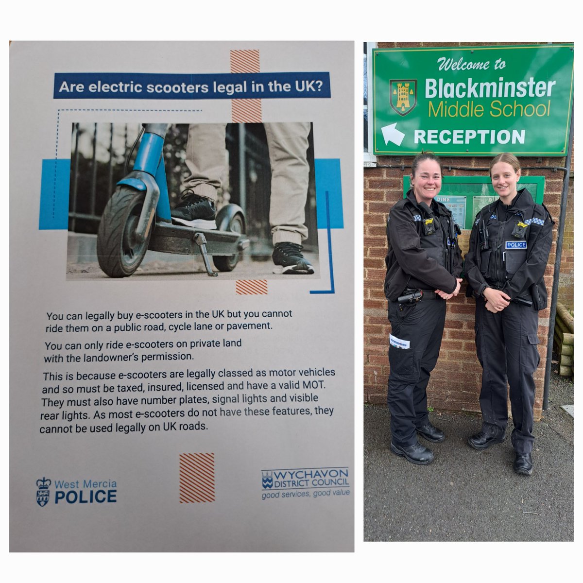 PC Prentice and PC Lane attended @BMiddleSchool  today for a drop-in session during the children’s lunch hour. Approx 40-50 students attended the session where we discussed E-Scooters and personal safety amongst other topics #SaferPeople #PolicingPromise 👮🏻 3879