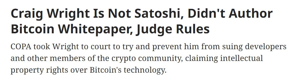 Craig Wright is not Satoshi Nakamoto or the author of the Bitcoin whitepaper, U.K. Judge James Mellor said after closing arguments in the Crypto Open Patent Alliance (COPA) trial.

coindesk.com/policy/2024/03…