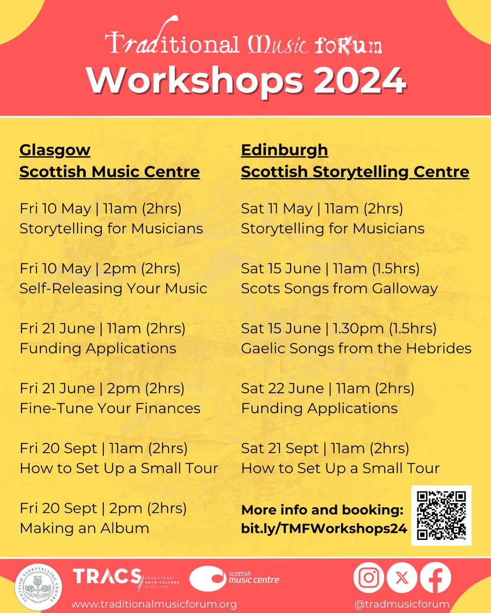 📢 Announcing the Traditional Music Forum Workshops Programme for 2024! A series of industry-focussed workshops with some of the leading professionals in the traditional music scene, along with our annual Scots and Gaelic song workshops 💛 bit.ly/TMFWorkshops24