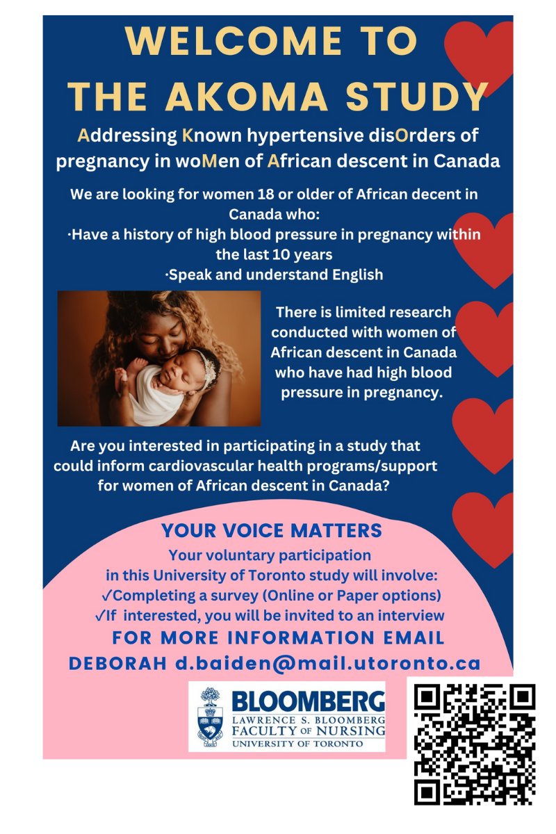 Hoping to share and recruit more women of African descent in Canada for a study investigating hypertensive disorder of pregnancy. #HerHeartMatters @CWHHAlliance @HeartandStroke @HeartDocSharon @Women__Heart @KaraNerenberg @_DiabetesAction