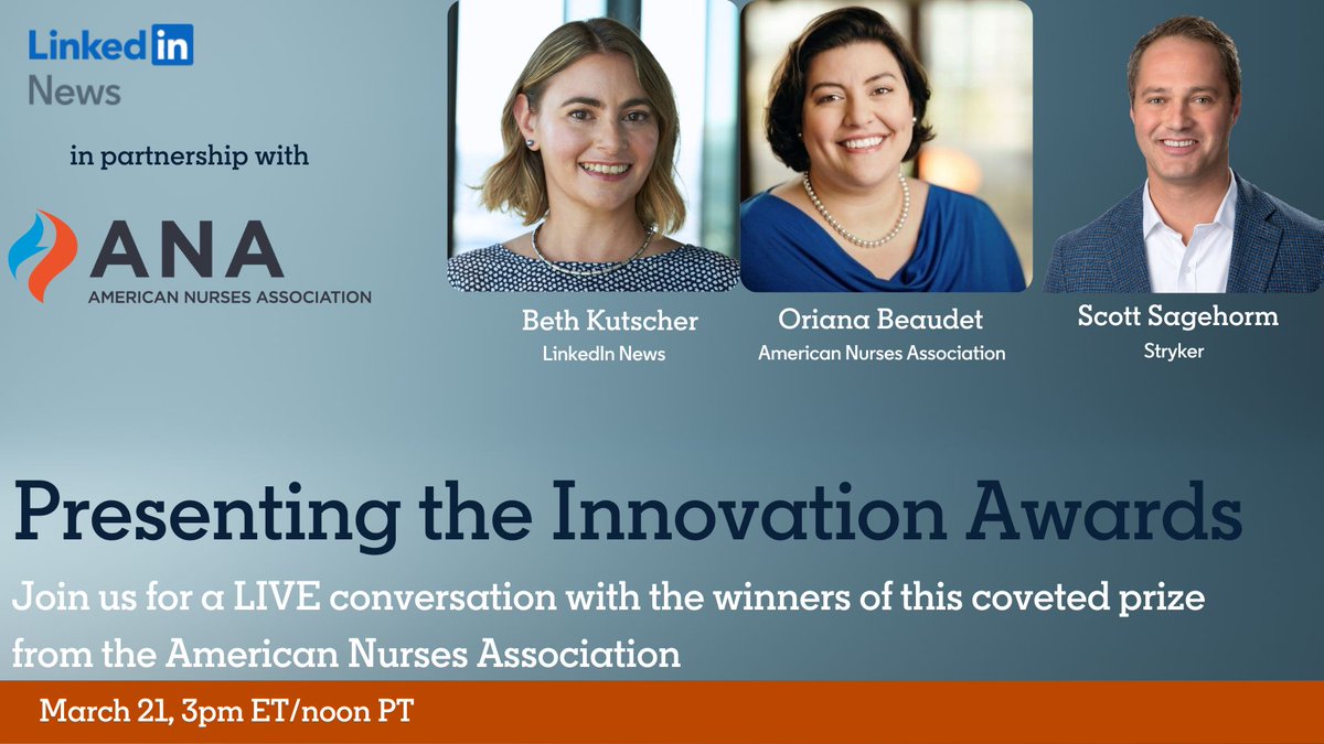 American Nurses Association (@ananursingworld) on Twitter photo 🤩You’re invited to join the 2024 #ANAInnovation Awards - next Thursday (03/21/24) – Register here
ow.ly/saiR50QTmLZ
Hosted by <a href="/LinkedIn/">LinkedIn</a> News Editor <a href="/BethKutscher/">Beth Kutscher</a>🔥
Funding is possible with the sponsorship of <a href="/Stryker_A/">Fred Maehs</a>
#NurseTwitter 🤩You’re invited to join the 2024 #ANAInnovation Awards - next Thursday (03/21/24) – Register here
ow.ly/saiR50QTmLZ
Hosted by <a href="/LinkedIn/">LinkedIn</a> News Editor <a href="/BethKutscher/">Beth Kutscher</a>🔥
Funding is possible with the sponsorship of <a href="/Stryker_A/">Fred Maehs</a>
#NurseTwitter