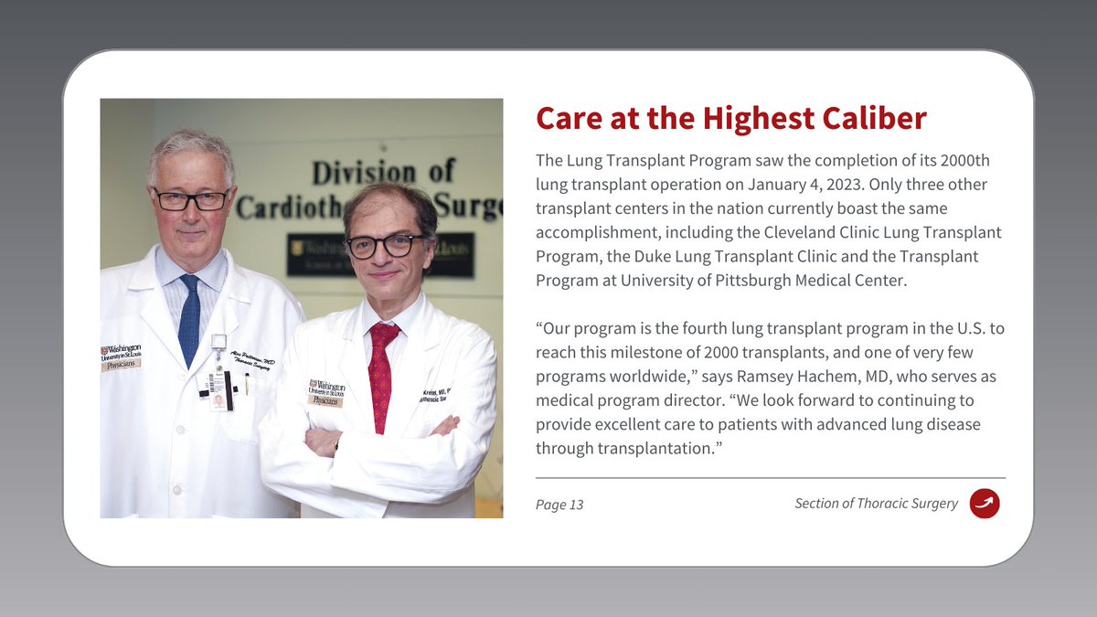 In 2023, the Lung Transplant Program at Washington University School of Medicine celebrated its 2,000th lung transplant operation. Learn about how thoracic surgeons continue to bring the highest caliber of care to patients since its establishment in 1988: bit.ly/3SXhSw4