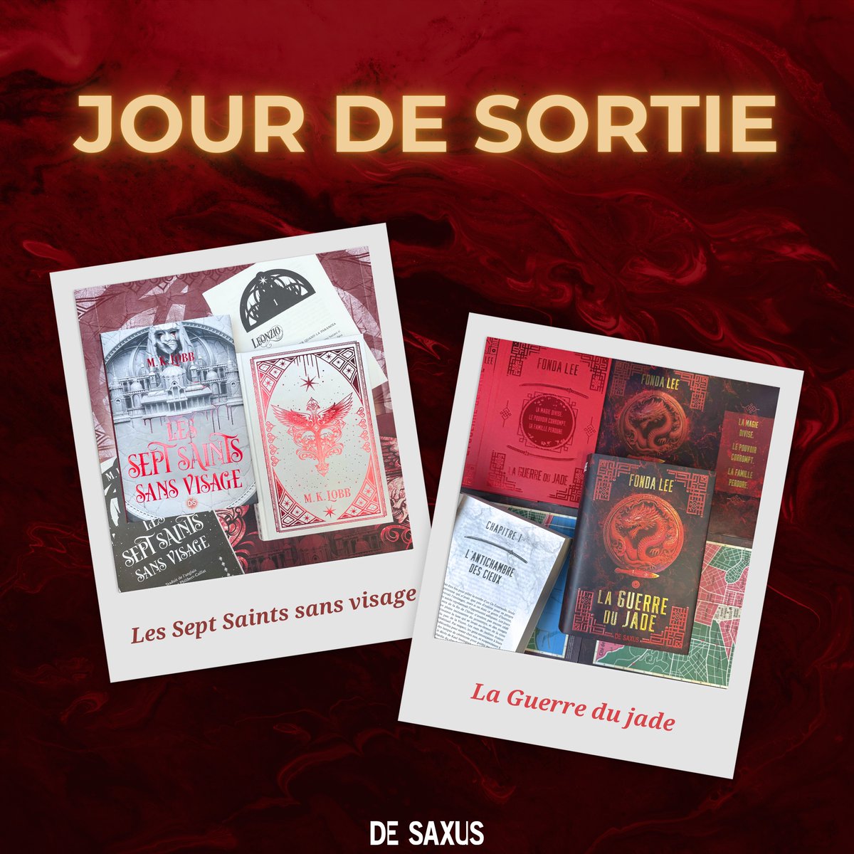 [JOUR DE SORTIE] Deux parutions sont disponibles aujourd’hui ! 🤩 🩸 M. K. Lobb arrive avec le premier tome d’un diptyque de dark fantasy, “Les Sept Saints sans visage” ! ⚔️ “La Guerre du jade” est la suite tant attendue de “La Cité de jade” de la multi-récompensée Fonda Lee.