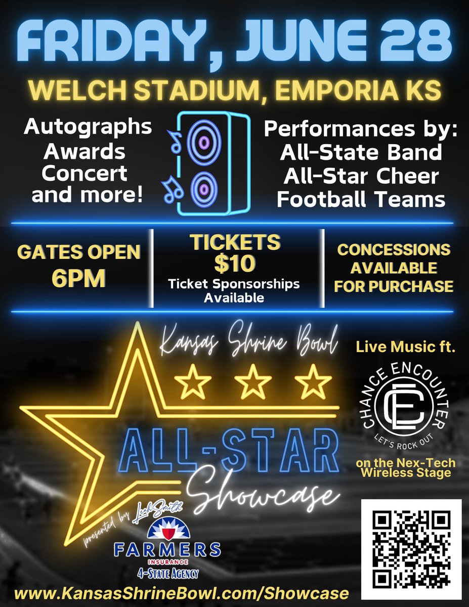 Join us Friday, June 28th at Welch Stadium in Emporia for the Kansas Shrine Bowl All-Star Showcase presented by Smith-Agency Farmers Insurance! Performances, autographs, concert by Chance Encounter and more! Purchase your tickets now at buff.ly/3TB7dIS