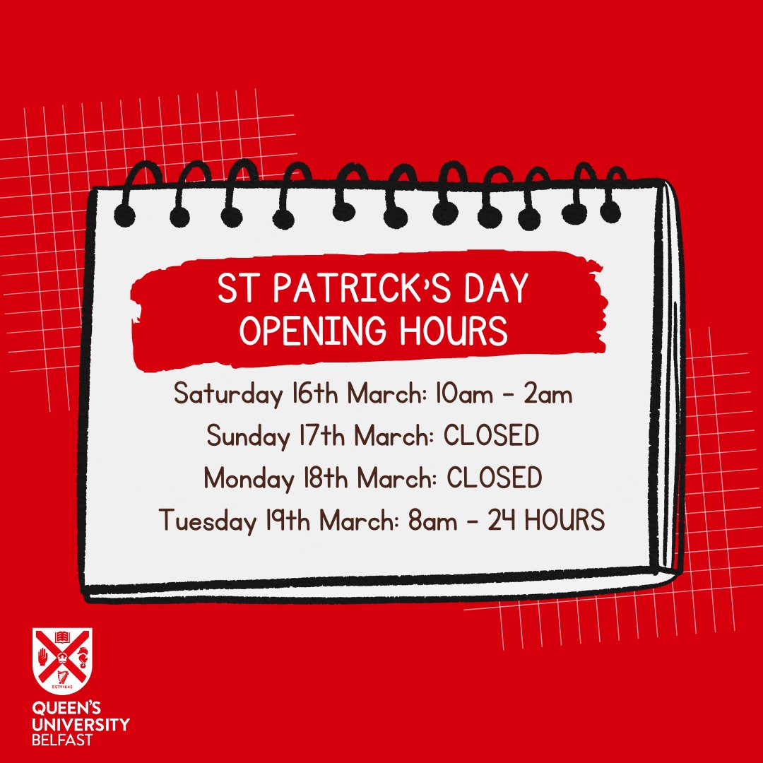 The McClay Library will be closed on Sunday 17th and Monday 18th March, and will reopen on Tuesday 19th March. For all our opening hours please visit ow.ly/VAXh50QSZEP