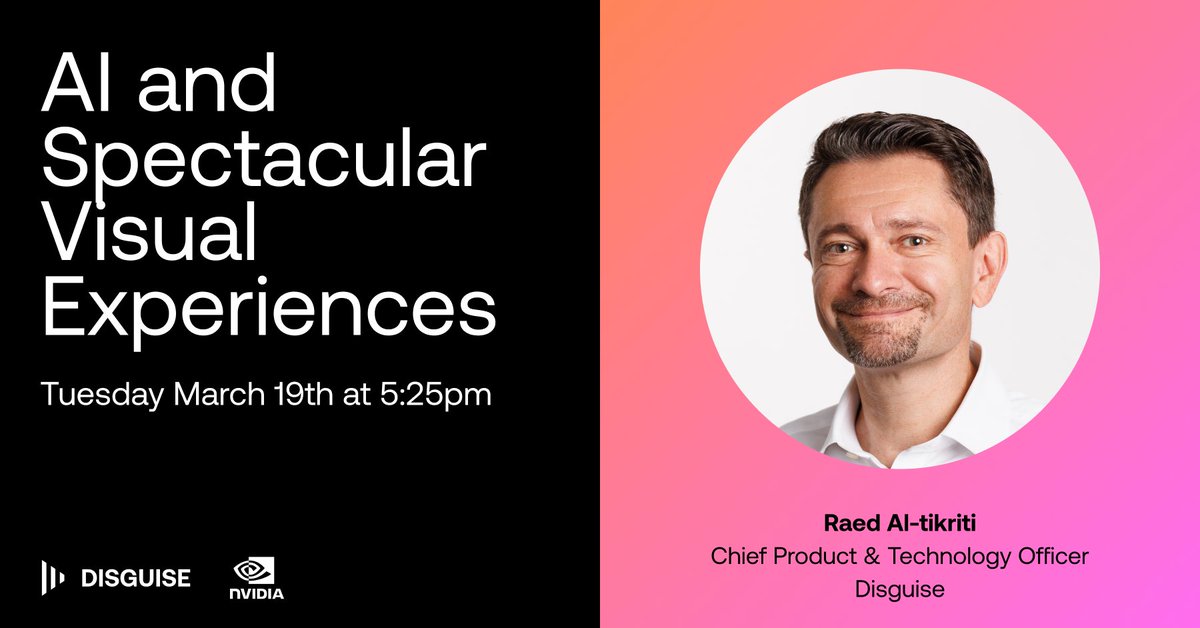 Join us at @NVIDIA #GTC24 where our Chief Product & Technology Officer, Raed Al Tikriti, will be delivering an exciting talk on 'AI & Spectacular Visual Experiences' in the Generative AI Theater on Tuesday, March 19 at 5:25pm PT. web.disguise.one/3IzlO1h.