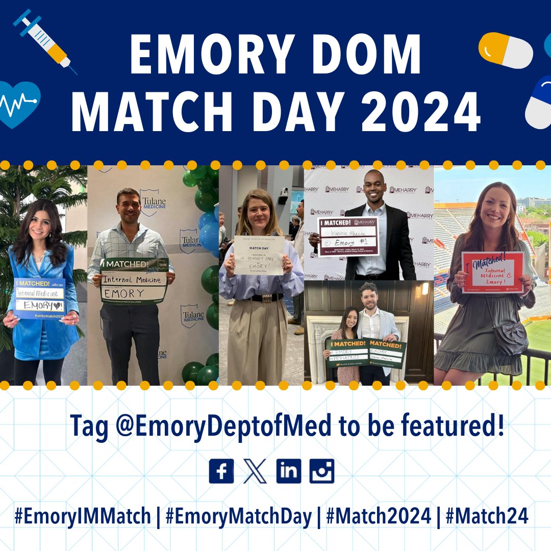 #MatchDay2024 is TOMORROW! We're SO excited to meet our new #EmoryDeptofMed trainees soon. 🙌

🎉Celebrating tomorrow?➡️Be sure to tag us and use the hashtag #EmoryIMMatch in your posts for a chance to be shared on DOM socials!

#EmoryMatchDay #Match24 #Match2024
