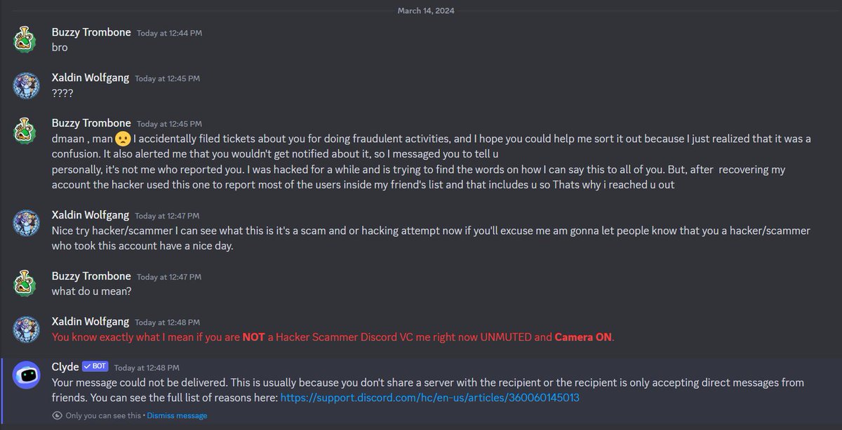 Everyone please be on the lookout <a href="/trombone_b85506/">Buzzy Trombone</a> has had their Discord account hacked. Please RT and spread the awareness.