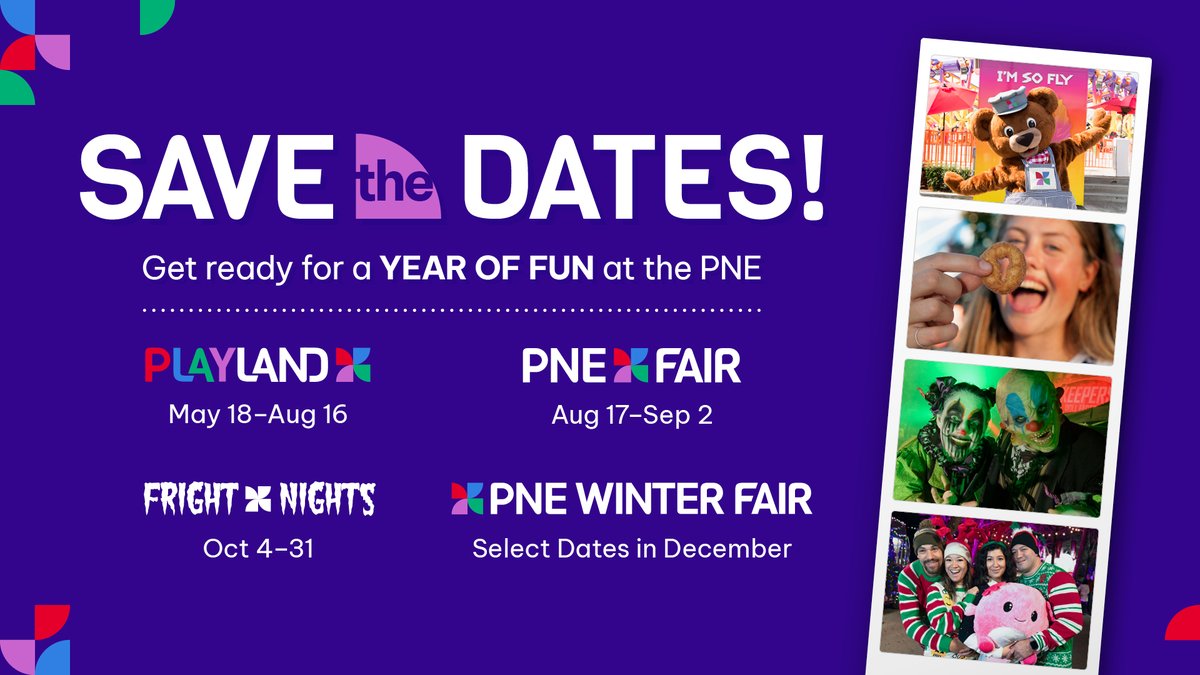 The 2024 dates are in! Get ready for a year of fun at the PNE 🎢🎡🎉 🎠Playland: May 18–Aug 16 🎺PNE Fair: Aug 17–Sep 2 🧟‍♀️Fright Nights: Oct 4–31 ❄️PNE Winter Fair: Select dates in December Sign up for our newsletter for more exciting updates! pne.ca/pne_events_2024