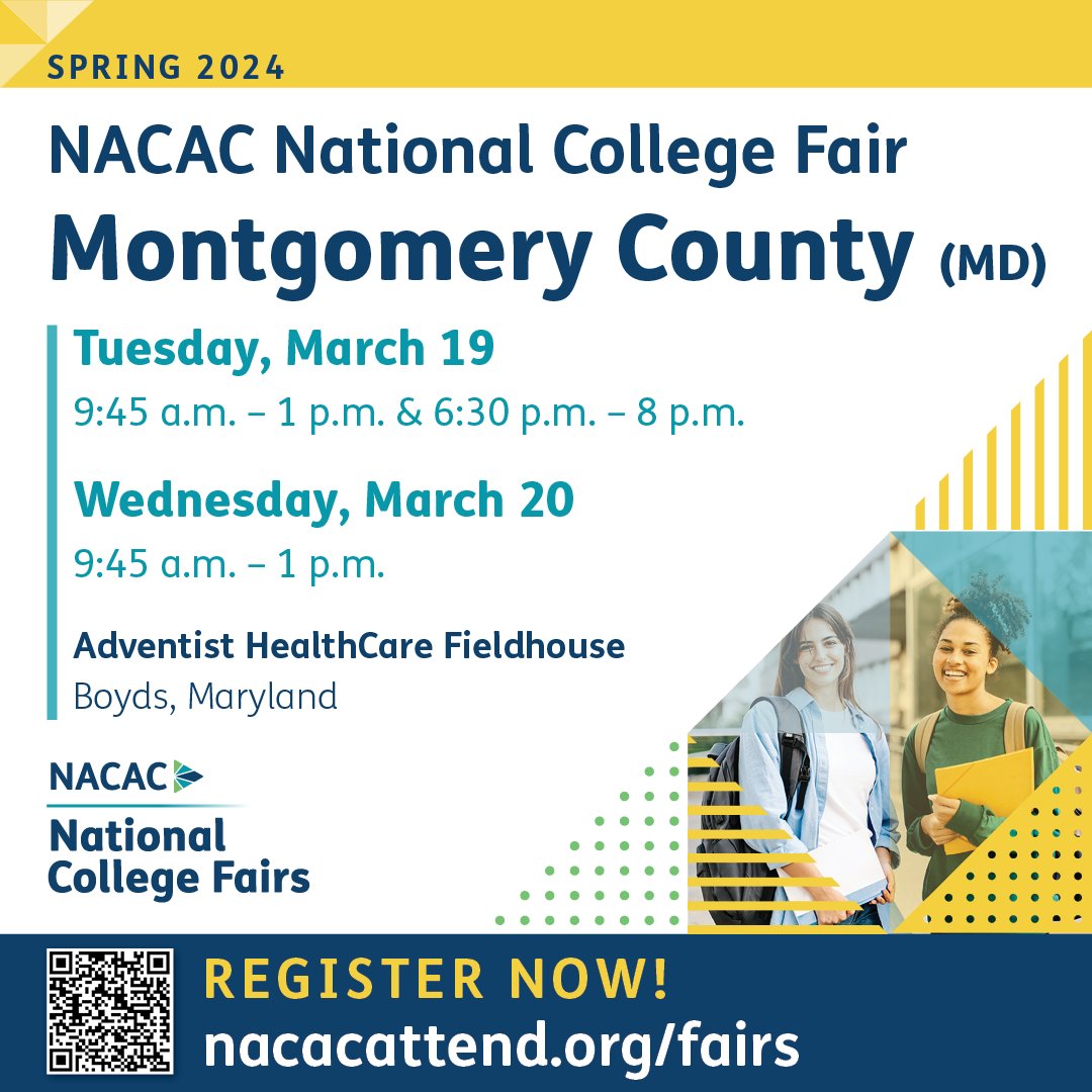 Montgomery County National College Fair - Join us for three sessions, March 19-20, at the Adventist HealthCare Fieldhouse in Boyds, MD. nacacattend.org/fairs #collegefairs #collegefair #NACAC