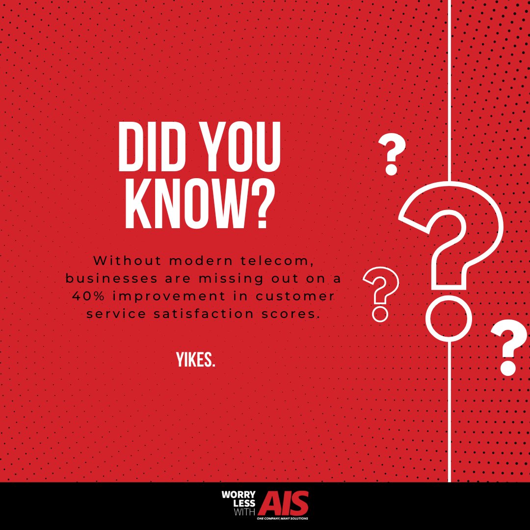 AIS_Now's tweet image. Is your business reputation on the line? Try upgrading your telecommunications!

👉 Your business could be at a major disadvantage if you don&apos;t.

#TelecomTransformation #CustomerSatisfaction #WorryLessswithAIS