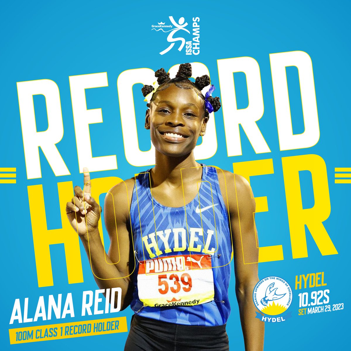 🏆 Setting the standard: Alana Reid's 100m Class 1 record of 10.92 seconds is the benchmark of greatness! 

🏟️ ISSA/GraceKennedy Boys and Girls Championships
🗓️ March 19-23, 2024
📍National Stadium
🎟️ Available online NOW at tickets.issasports.com

#ISSACHAMPS2024
