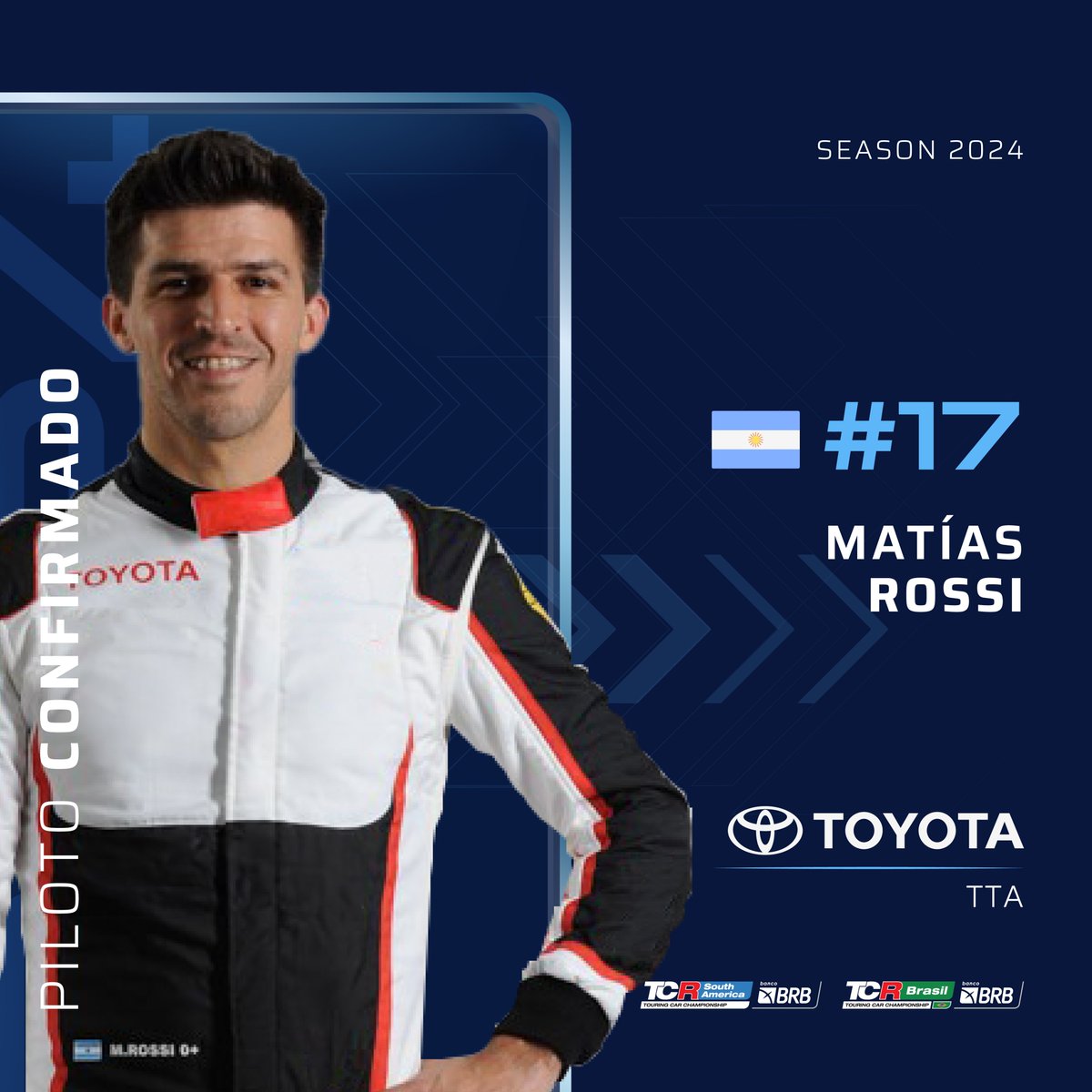 tcrsouthamerica's tweet photo. #PilotoConfirmado:  💥Matías Rossi disputa a temporada de 2024 do TCR South America BRB pela Equipe TTA. Rossi conduzira um dos Toyota Corolla, produzidos na Argentina e distribuídos ao redor do mundo. O piloto argentino se junta a TTA (Toyota Team Argentina) para sua estreia no conceito. 👉https://t.co/MoPEsGm8Um    #TCRSouthAmericaBRB #TCRSeries #MatíasRossi #TTA @rossimatias @toyotateamarg