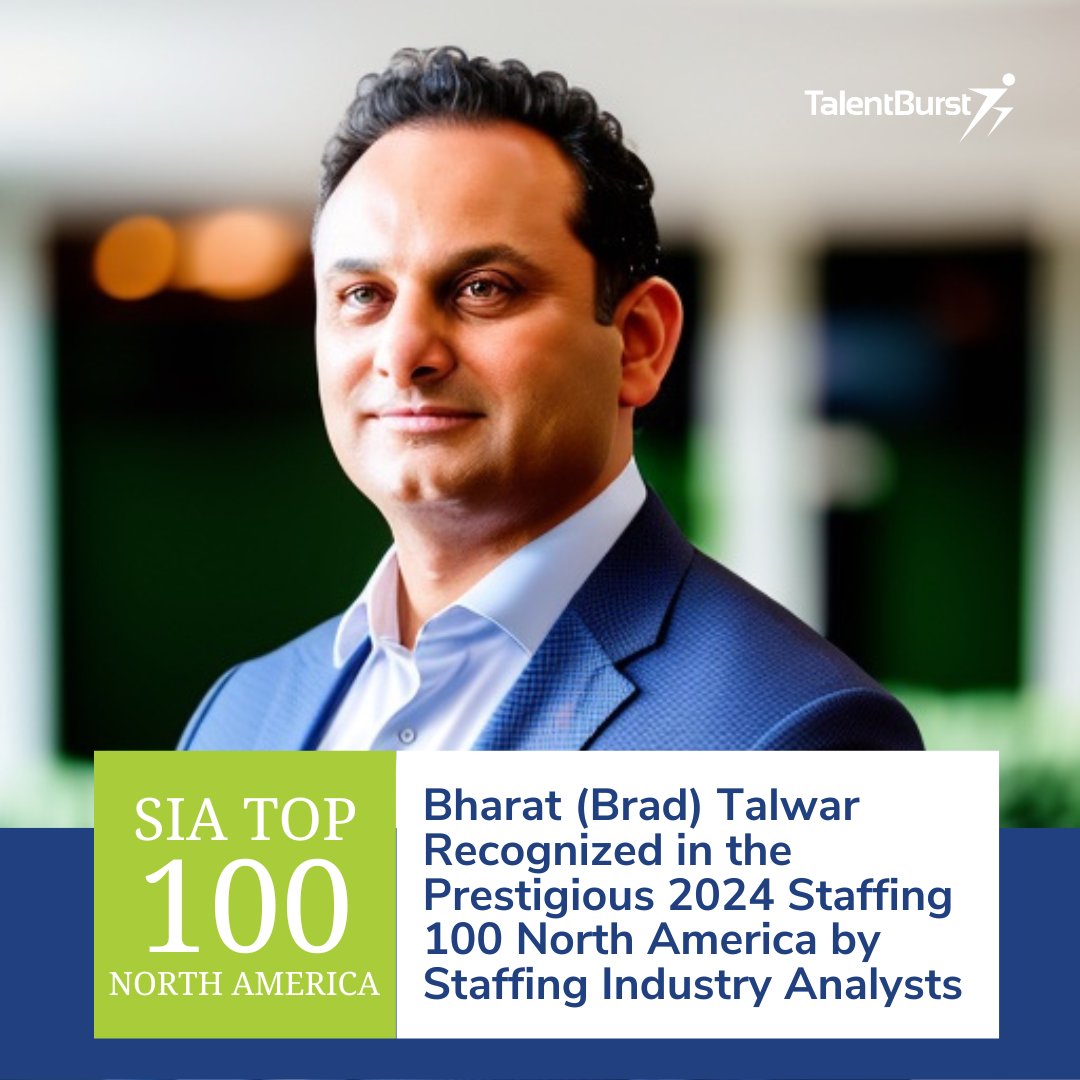 Bharat (Brad) Talwar, CEO at TalentBurst, has been honored on SIA's Staffing 100 list 2024! TalentBurst will also be attending the #SIAExecutiveForum March 25-28 in Las Vegas, NV! 

Read more here: bit.ly/3wQVq0j

#SIAForum #SIAExecForum #SIA #StaffingIndustryAnalysts