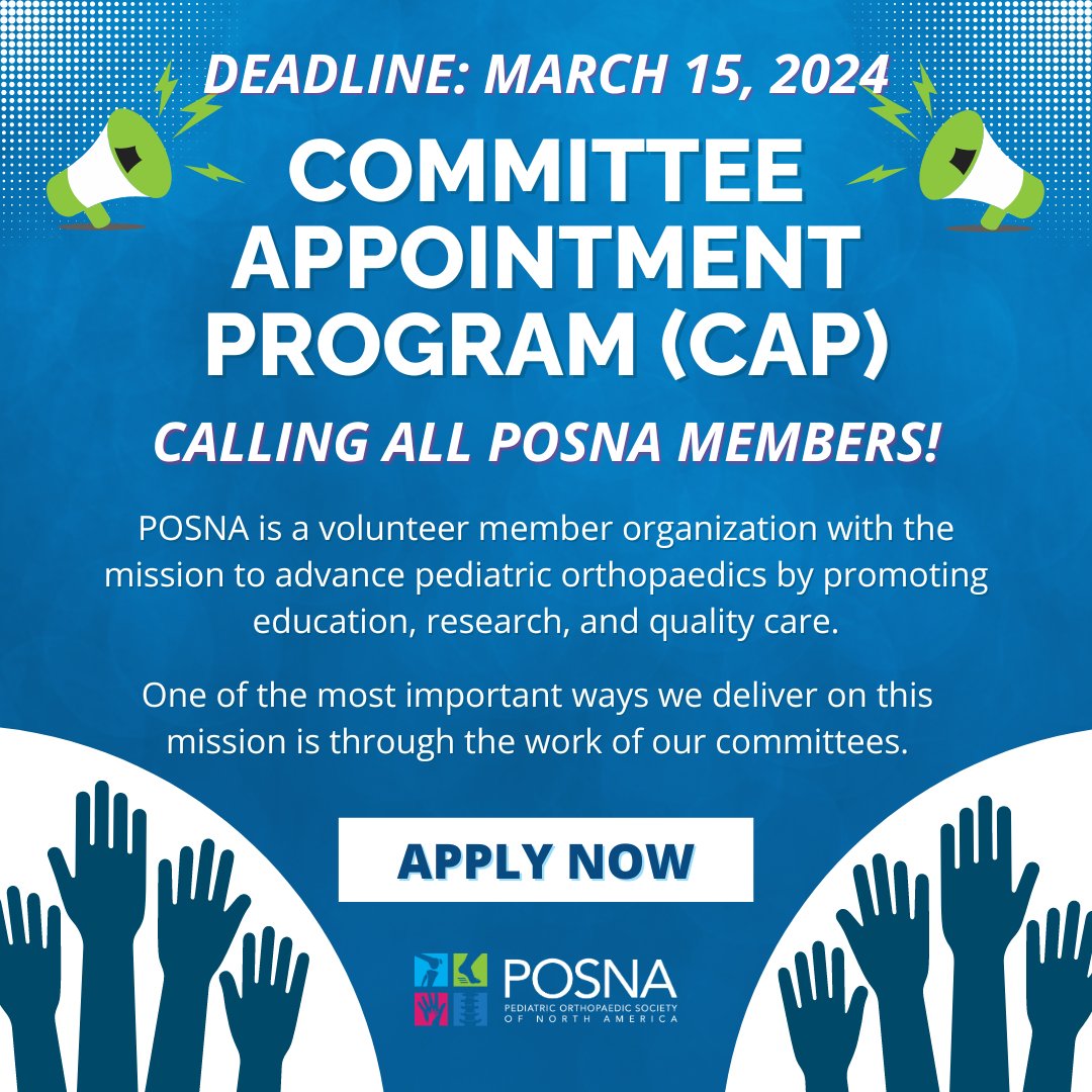 ‼️Deadline March 15! The Committee Appointment Program (CAP) matches POSNA member #volunteers with open #committee positions. You can make a difference by joining a #POSNA committee. Learn More & Apply Today: bit.ly/3T4N7Xd #pediatricorthopaedics #pedsortho