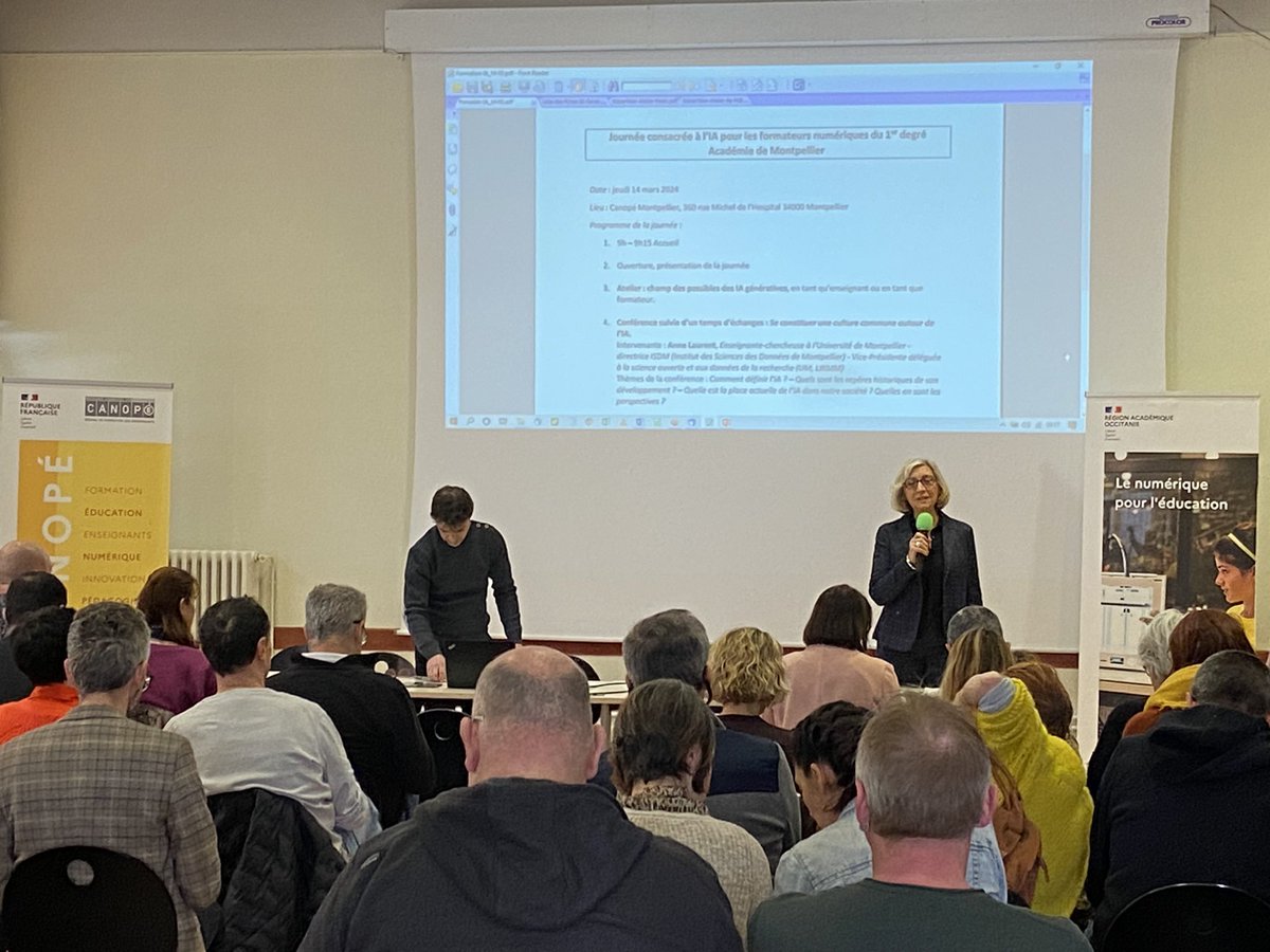 Canope_DTOcc's tweet image. Une journée de formation 1D sur l'#IA très riche. Belle organisation de @DANEMontpellier, @acmontpellier avec le soutien de @canope_34 @reseau_canope 
Deux conférences de grande qualité, merci à
Anne Laurent de l'@umontpellier et @BastienMasse @Edu_Num