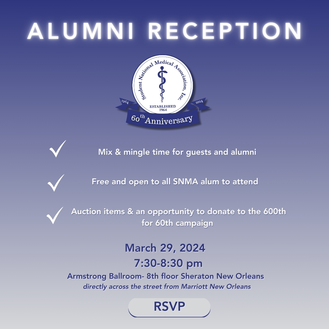 You're invited to the #SNMA Alumni Reception, held during the 60th #AMEC in #NOLA. The reception will take place on March 29 from 7:30-8:30pm CST in the Armstrong Ballroom of the Sheraton Hotel.

RSVP at: forms.office.com/r/gBc00w1FqG

#MAPS #AMEC2024 #DiversifyMedicine