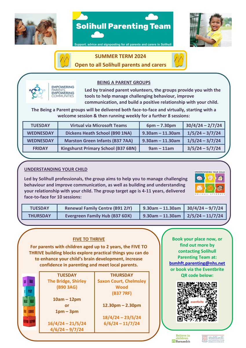 Take a look at this summer term's upcoming sessions from the Solihull Parenting Team.