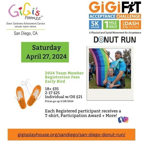 Don't miss out on these Early Bird registration prices for the 2024 GiGiFIT Acceptance Challenge Donut Run!!!

The San Diego Donut Run will be held on April 27th at the beautiful Crown Point Mission Bay Park starting at 8am.

Register below:
gigisplayhouse.org/sandiego/san-d…