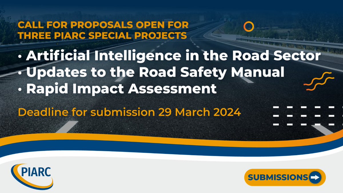 🔴 Extended deadline! PIARC Special Projects open for proposals! Submit your ideas for 'Artificial Intelligence in the road sector,' 'Rapid Impact Assessment,' & 'Updates to the Road Safety Manual' by March 29, 2024. Details & guidelines: t.ly/YI0ru