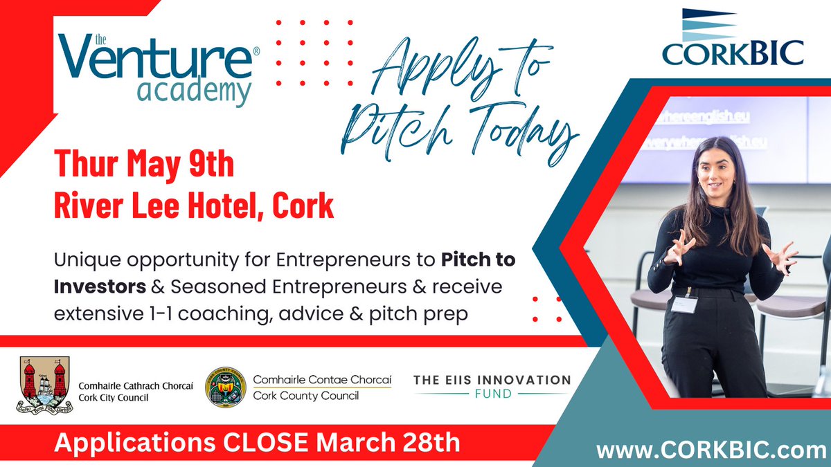 Applications OPEN for 2024 Venture Academy - So what do Selected Companies get? 👉Pitch to Investors at the Venture Academy™ 👉Participate in 1 month of one-to-one & group sessions 👉Pitch preparation 👉Get real feedback, advice & coaching Full Details: corkbic.com/the-2024-ventu…