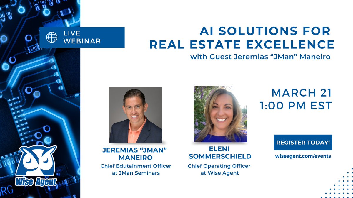 Are you looking for an opportunity to transform your real estate business using the latest AI technology? Then join our live webinar next week with special guest @jmanspeaks! 
Save your spot today: bit.ly/3VzqvQv
#WiseAgent #BecomingaWiseAgent #ArtificialIntelligence