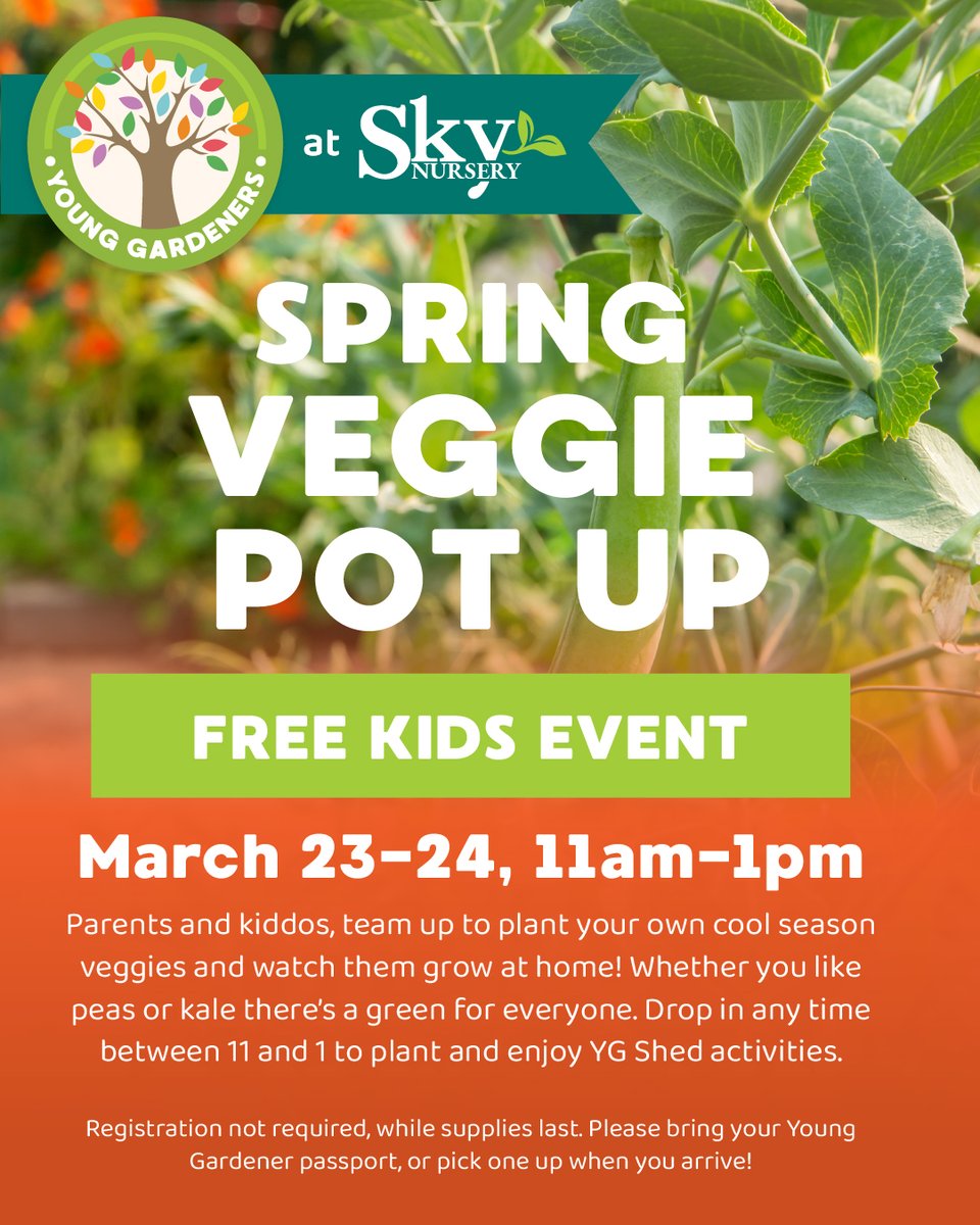 We had so much fun with this event last year, we decided to bring it back! Parents &amp; kiddos, drop by Sky's greenhouse March 23-24 11a -1p &amp; work together to pot up your very own lettuce, kale, pea or chard start. Then take it home &amp; watch it grow. FREE EVENT. While supplies last.